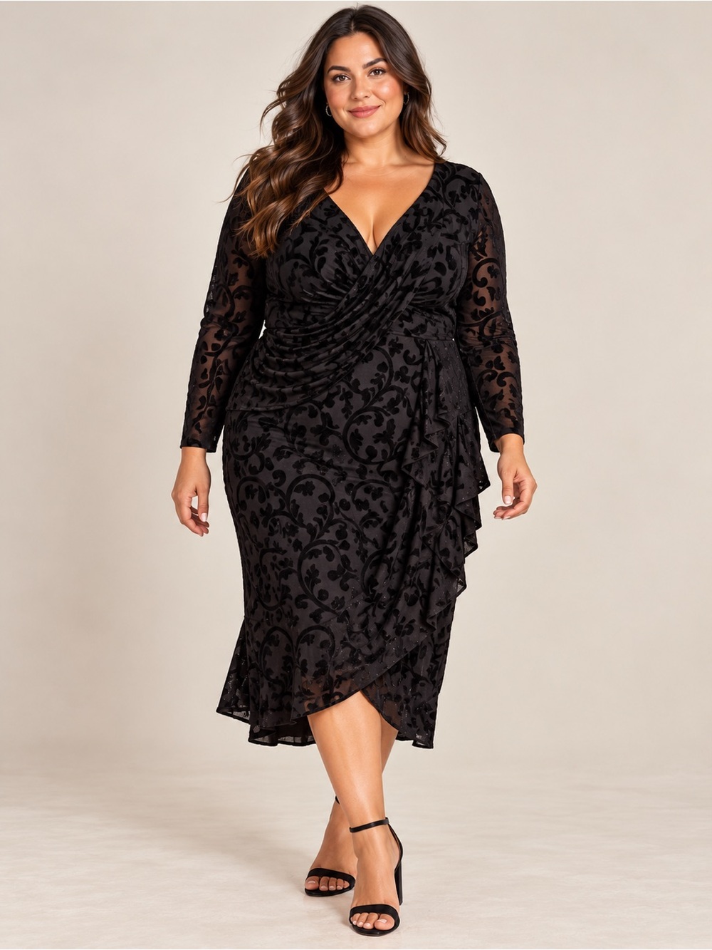 Adrianna Papell Black Velvet Flocked Wrap Midi Dress 22W Plus Size